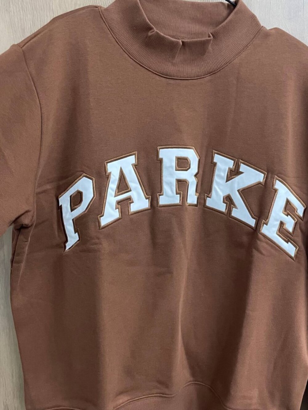 Parke Brown White Varsity Mock Neck Sweatshirt - Picture 2 of 8